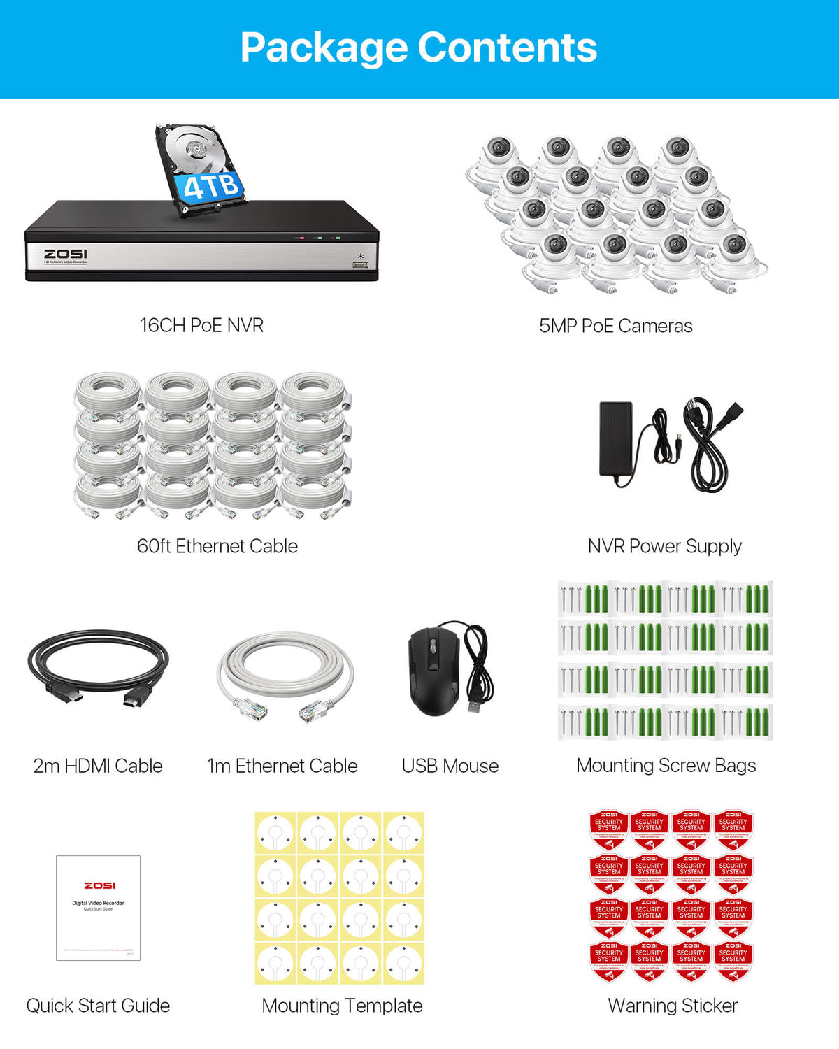 C429 5MP PoE Security System + 4K 16 Channel PoE NVR + 4TB Hard Drive Zosi