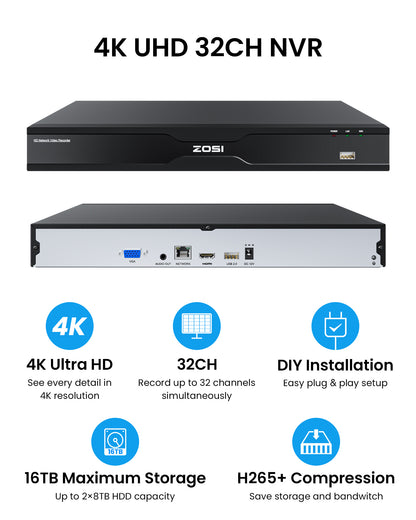 4K 32 Channel Network Video Recorder, Work with PoE Security Camera