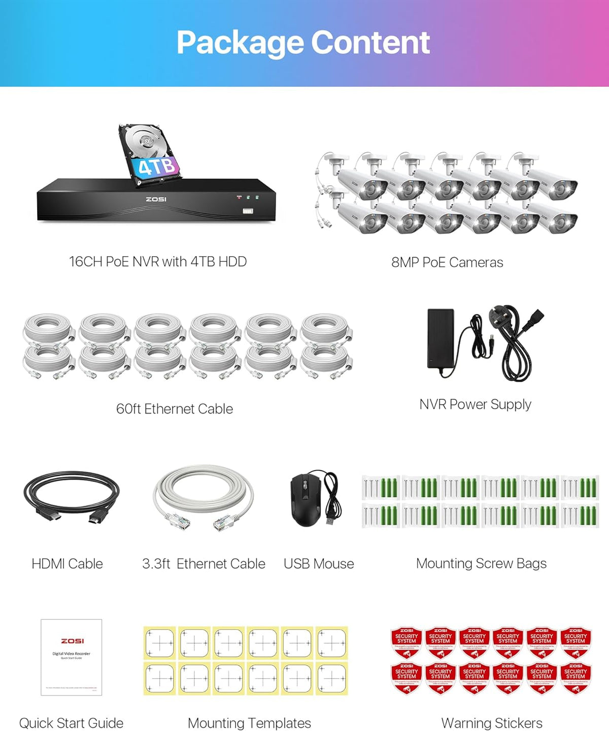 C182 4K 16 Channel Security System(32 Camera Capable) + 4TB Hard Drive Zosi