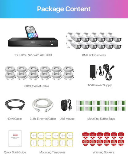 C182 4K 16 Channel Security System(32 Camera Capable) + 4TB Hard Drive Zosi