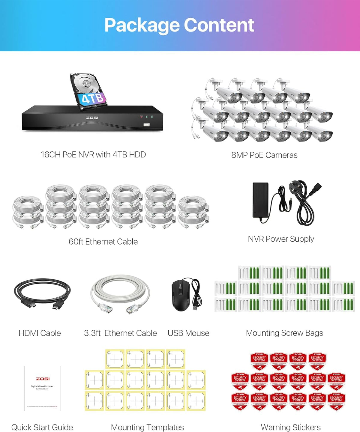 C182 4K 16 Channel Security System(32 Camera Capable) + 4TB Hard Drive Zosi