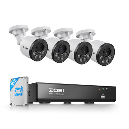ZOSI security camera system with four cameras and a hard drive on a white background