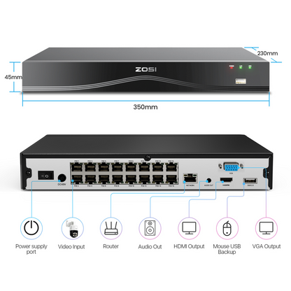 4K 16CH 32 Camera Capable PoE NVR with 2 Hard Drive Space + 4TB Hard Drive